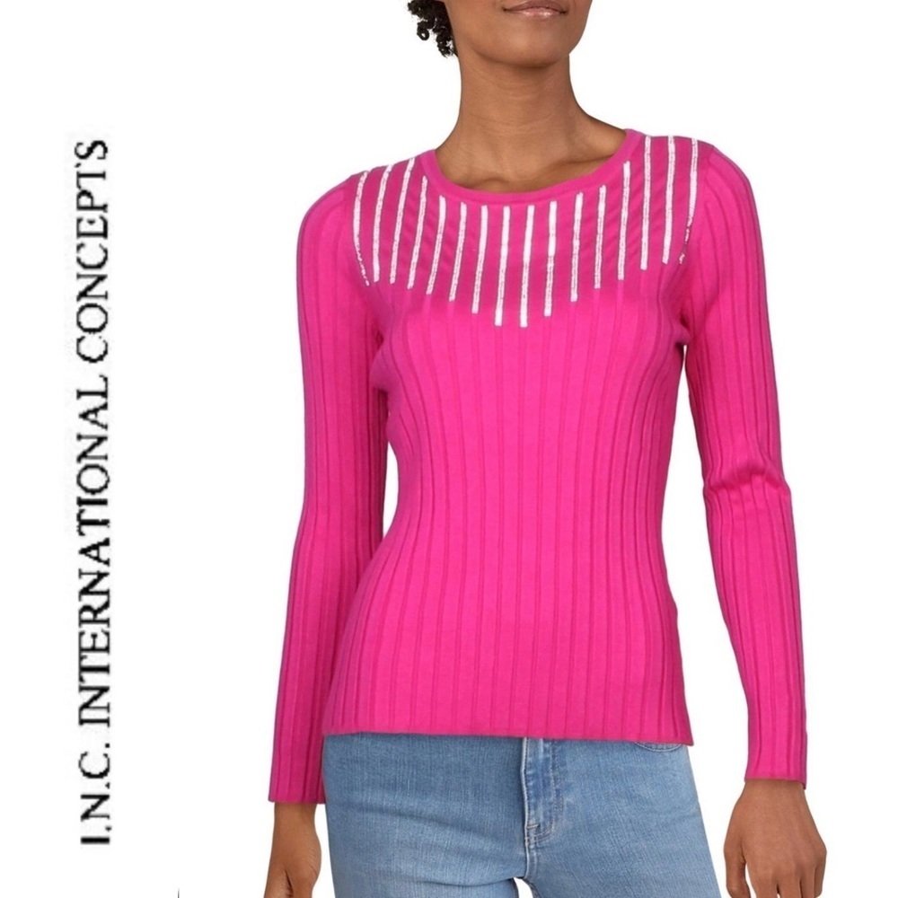 NWT. $70R.  INC Rhinestone Ribbed Top. Size Large. Fuchsia Pop
